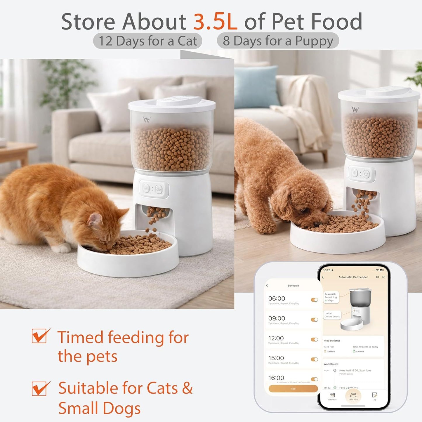 Wi-Fi Automatic Cat Feeder, Timed Dry Food Dispenser, App-Programmable Portion Control, Up To 10 Meals Per Day, Dual Power Supply, Suitable For Cats And Small Dogs